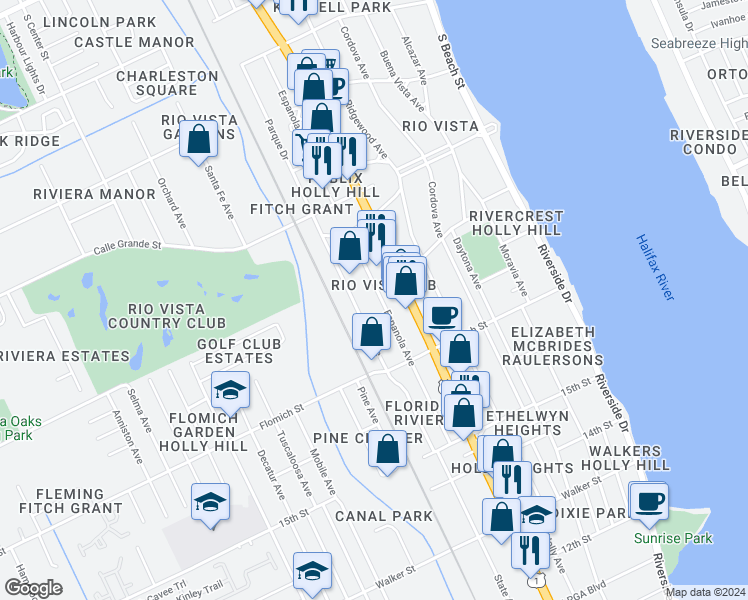 map of restaurants, bars, coffee shops, grocery stores, and more near 1636 Espanola Avenue in Daytona Beach
