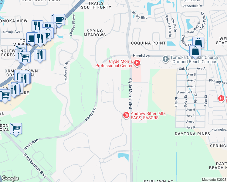 map of restaurants, bars, coffee shops, grocery stores, and more near 125-199 Green Forest Dr in Ormond Beach