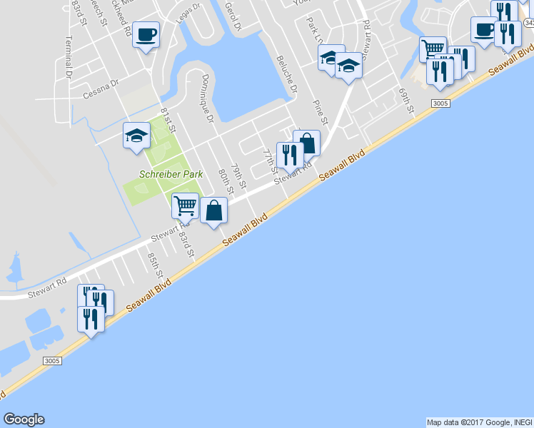 map of restaurants, bars, coffee shops, grocery stores, and more near 7826 Seawall Boulevard in Galveston