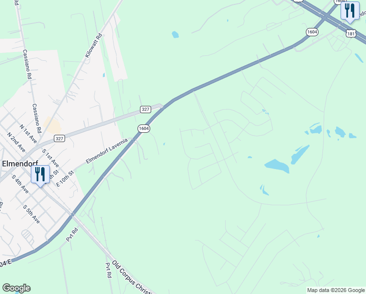 map of restaurants, bars, coffee shops, grocery stores, and more near 8600 South Loop 1604 East in Elmendorf