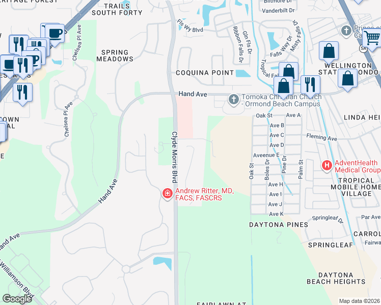 map of restaurants, bars, coffee shops, grocery stores, and more near 294 Cypress Trail Drive in Ormond Beach