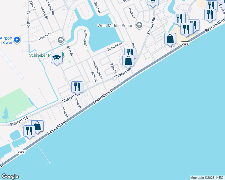 map of restaurants, bars, coffee shops, grocery stores, and more near 7825 Seawall Boulevard in Galveston