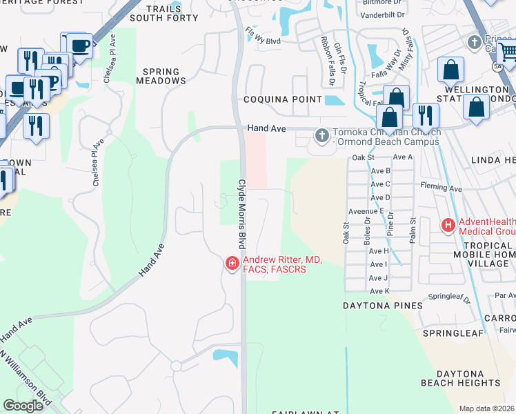 map of restaurants, bars, coffee shops, grocery stores, and more near 294 Cypress Trail Drive in Ormond Beach