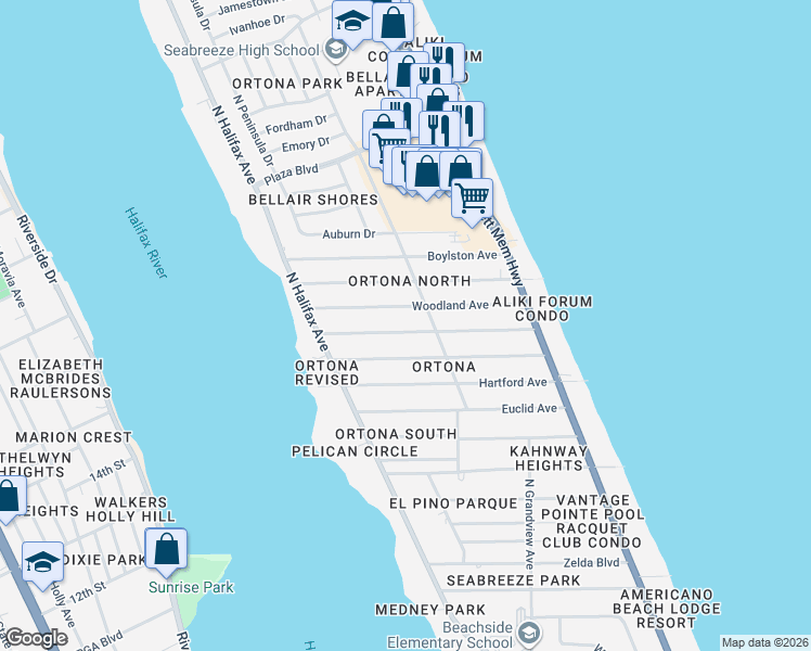 map of restaurants, bars, coffee shops, grocery stores, and more near 271 Morningside Avenue in Daytona Beach