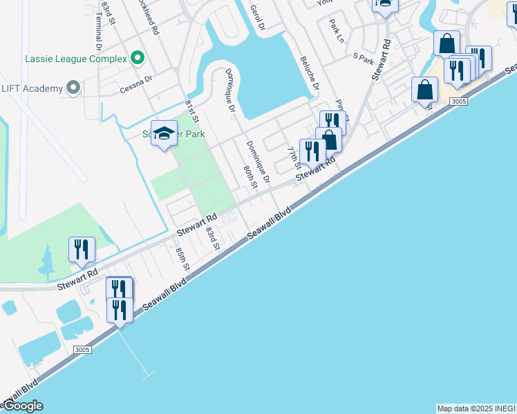 map of restaurants, bars, coffee shops, grocery stores, and more near 8008 Seawall Boulevard in Galveston