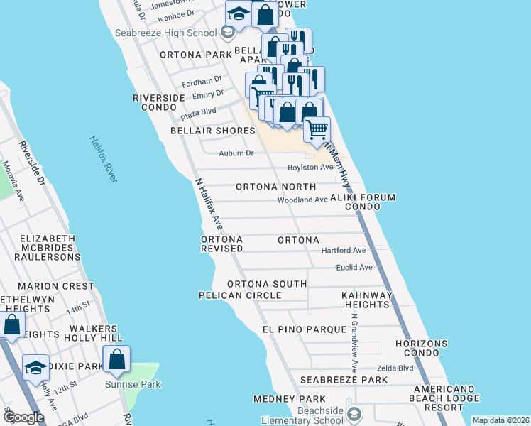 map of restaurants, bars, coffee shops, grocery stores, and more near 271 Morningside Avenue in Daytona Beach