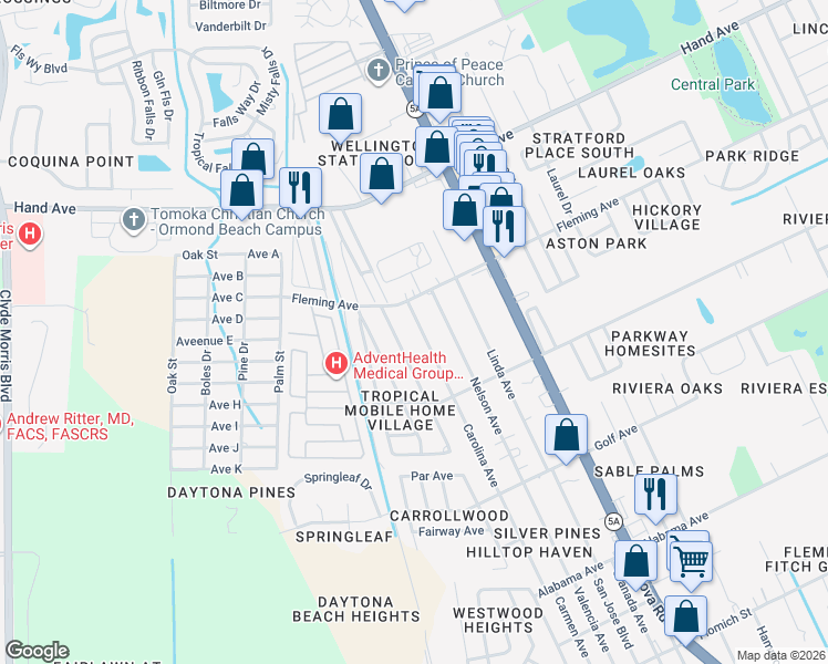 map of restaurants, bars, coffee shops, grocery stores, and more near 1964 Carolina Avenue in Ormond Beach