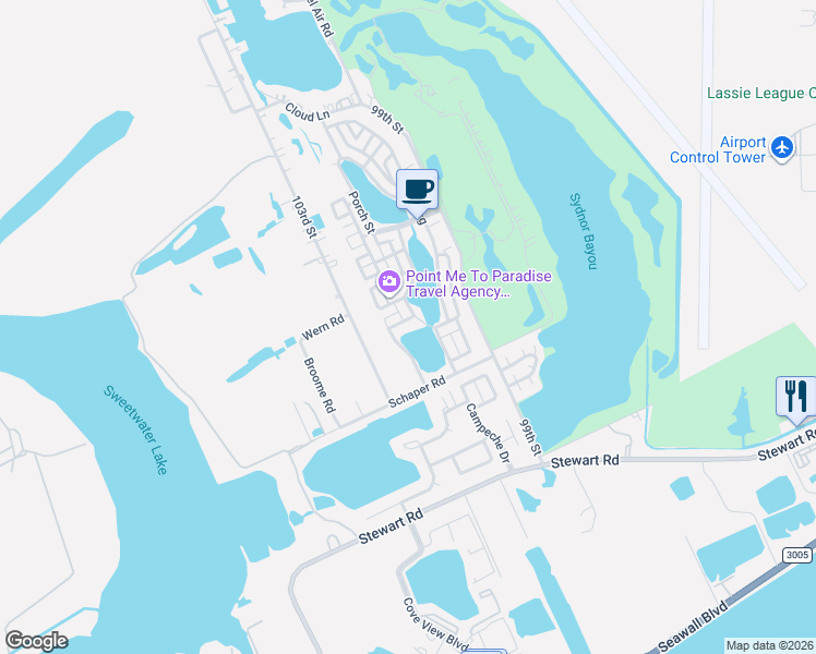 map of restaurants, bars, coffee shops, grocery stores, and more near 3 Gentry Lane in Galveston