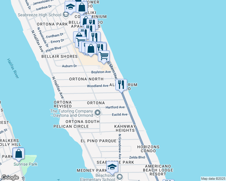 map of restaurants, bars, coffee shops, grocery stores, and more near 369 Morningside Avenue in Daytona Beach