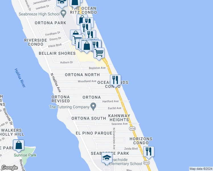 map of restaurants, bars, coffee shops, grocery stores, and more near 365 Morningside Avenue in Daytona Beach