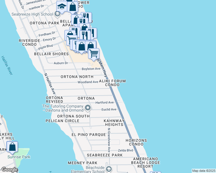 map of restaurants, bars, coffee shops, grocery stores, and more near 2101 North Atlantic Avenue in Daytona Beach