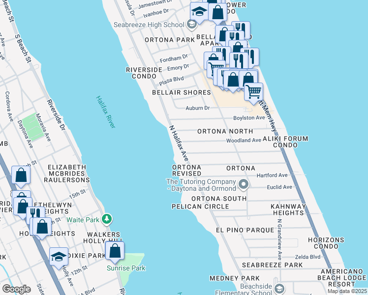 map of restaurants, bars, coffee shops, grocery stores, and more near 2106 North Halifax Avenue in Daytona Beach