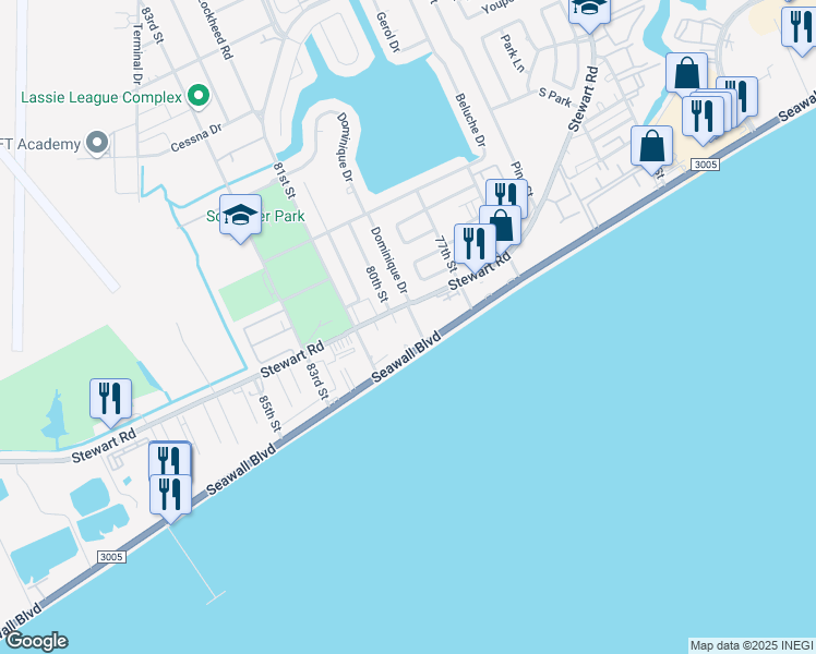 map of restaurants, bars, coffee shops, grocery stores, and more near 8008 Seawall Boulevard in Galveston