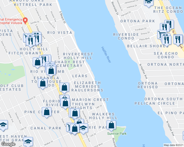 map of restaurants, bars, coffee shops, grocery stores, and more near 1597 Riverside Drive in Daytona Beach