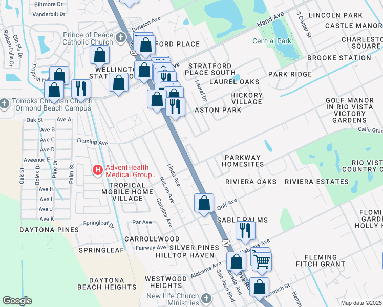 map of restaurants, bars, coffee shops, grocery stores, and more near 960 Florida 5A in Ormond Beach