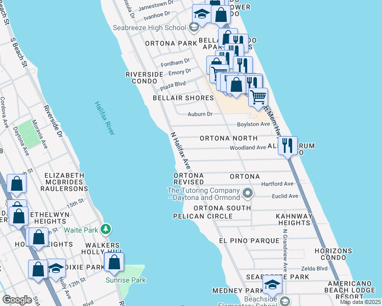 map of restaurants, bars, coffee shops, grocery stores, and more near 2106 North Halifax Avenue in Daytona Beach