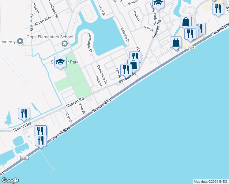 map of restaurants, bars, coffee shops, grocery stores, and more near 8008 Seawall Boulevard in Galveston