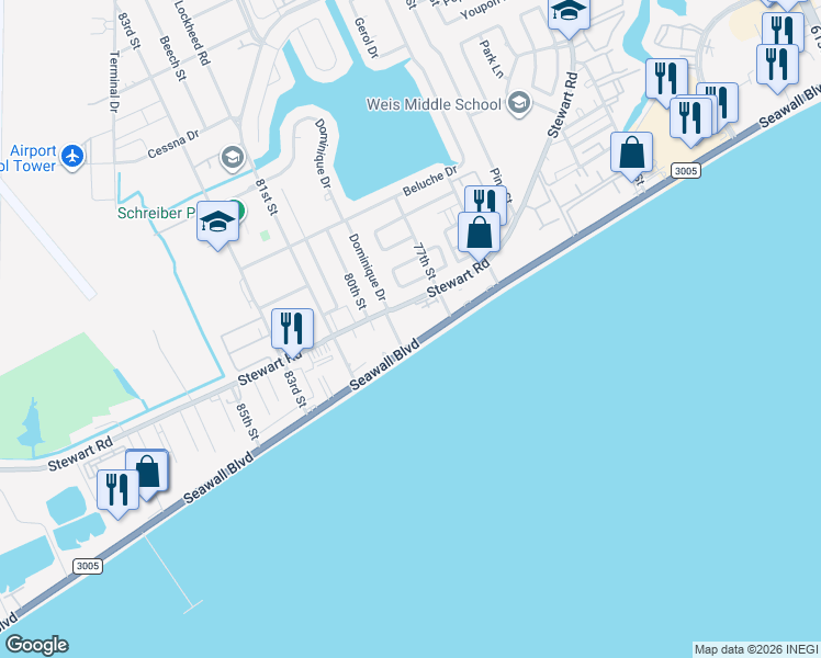 map of restaurants, bars, coffee shops, grocery stores, and more near 8008 Seawall Boulevard in Galveston