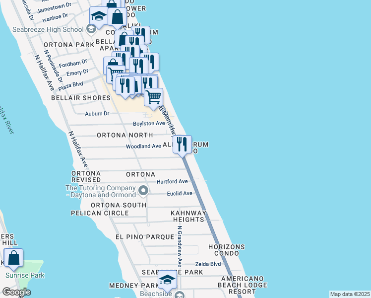 map of restaurants, bars, coffee shops, grocery stores, and more near 2025 South Atlantic Avenue in Daytona Beach
