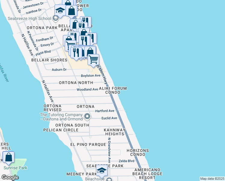 map of restaurants, bars, coffee shops, grocery stores, and more near 2025 South Atlantic Avenue in Daytona Beach