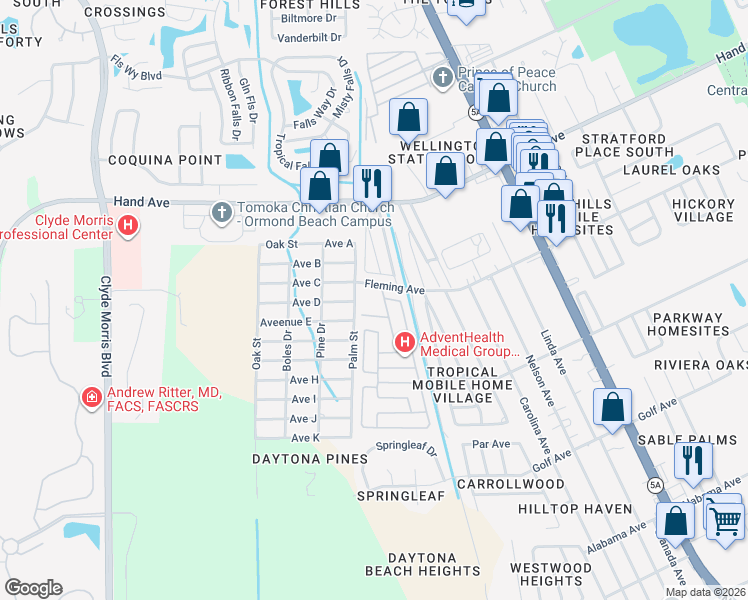 map of restaurants, bars, coffee shops, grocery stores, and more near 1198 Avenue East in Ormond Beach