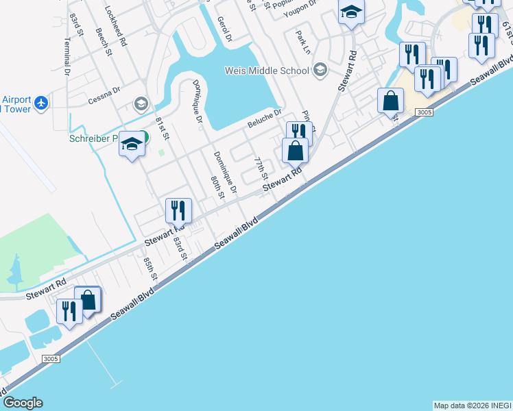 map of restaurants, bars, coffee shops, grocery stores, and more near 7820 Seawall Boulevard in Galveston
