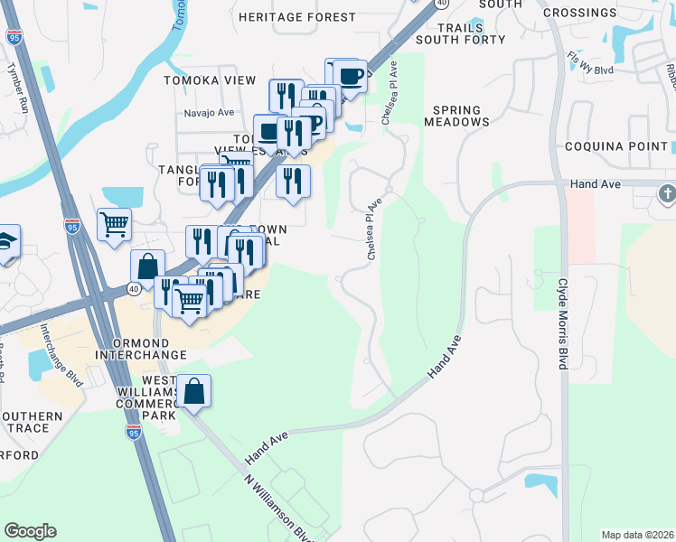 map of restaurants, bars, coffee shops, grocery stores, and more near 372 Chelsea Place Avenue in Ormond Beach