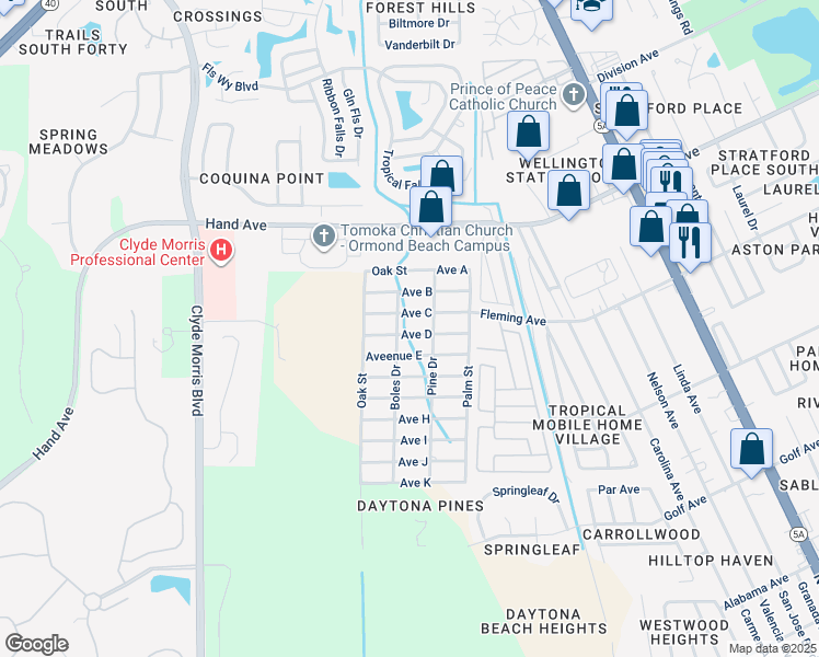 map of restaurants, bars, coffee shops, grocery stores, and more near 1318 Avenue D in Ormond Beach