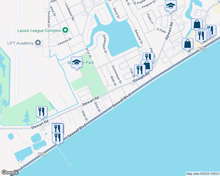 map of restaurants, bars, coffee shops, grocery stores, and more near 8008 Seawall Boulevard in Galveston