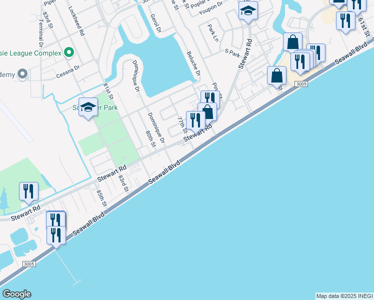 map of restaurants, bars, coffee shops, grocery stores, and more near 7627 Stewart Road in Galveston