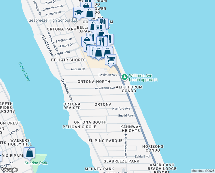 map of restaurants, bars, coffee shops, grocery stores, and more near 350 Williams Avenue in Daytona Beach