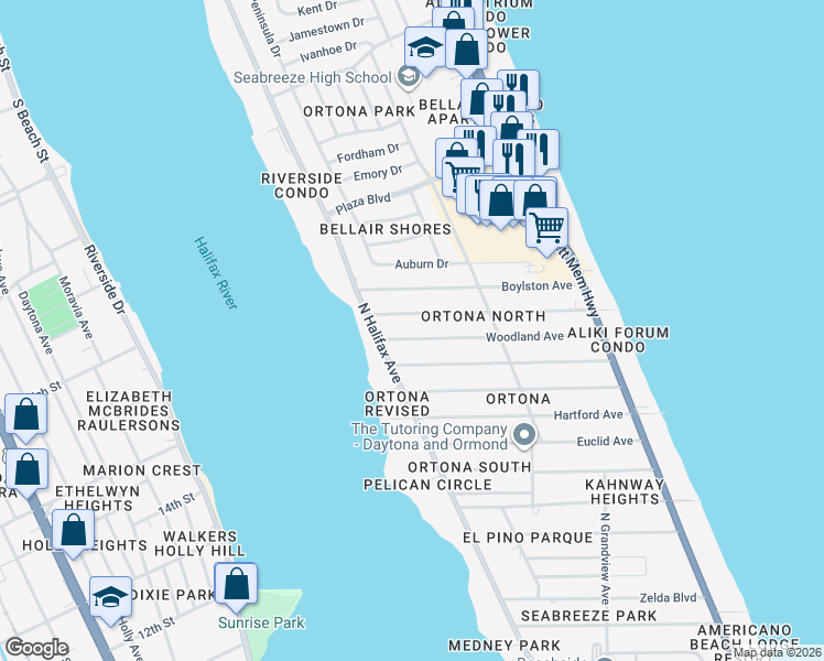 map of restaurants, bars, coffee shops, grocery stores, and more near 257 Williams Avenue in Daytona Beach