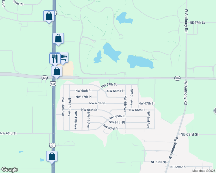 map of restaurants, bars, coffee shops, grocery stores, and more near 801-899 Northwest 69th Street in Ocala