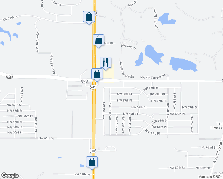 map of restaurants, bars, coffee shops, grocery stores, and more near 6881 Northwest 14th Avenue in Ocala