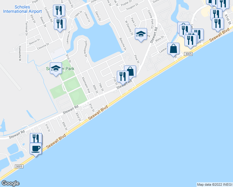 map of restaurants, bars, coffee shops, grocery stores, and more near 7627 Stewart Road in Galveston