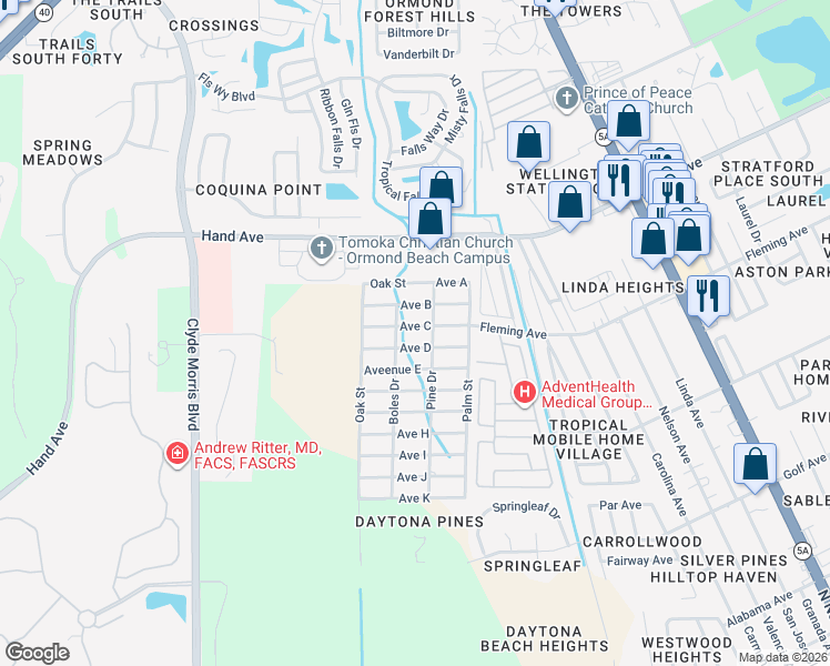 map of restaurants, bars, coffee shops, grocery stores, and more near 1520 Avenue C in Ormond Beach