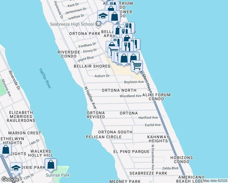 map of restaurants, bars, coffee shops, grocery stores, and more near 290 Williams Avenue in Daytona Beach