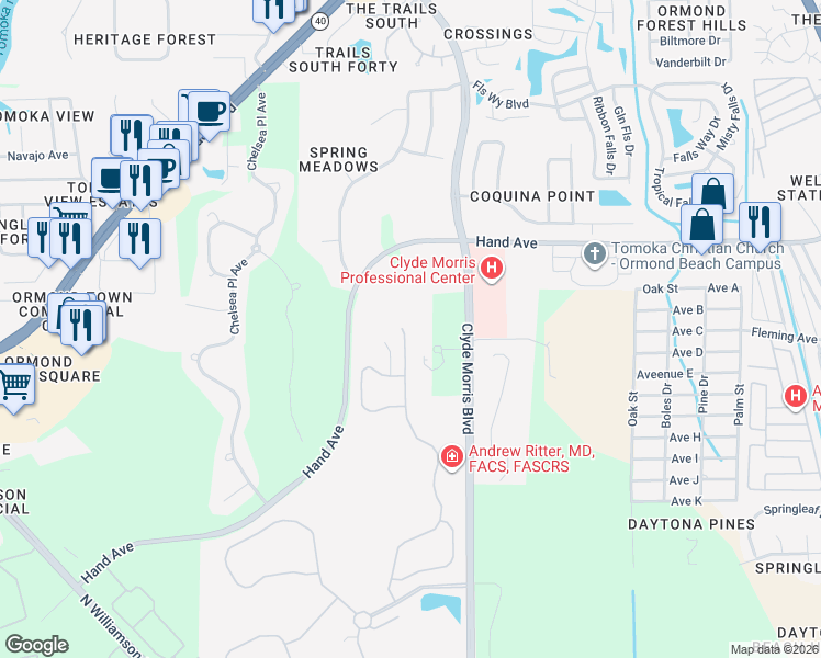 map of restaurants, bars, coffee shops, grocery stores, and more near 199 Green Forest Dr in Ormond Beach