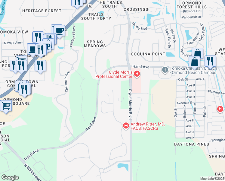 map of restaurants, bars, coffee shops, grocery stores, and more near 199 Green Forest Dr in Ormond Beach