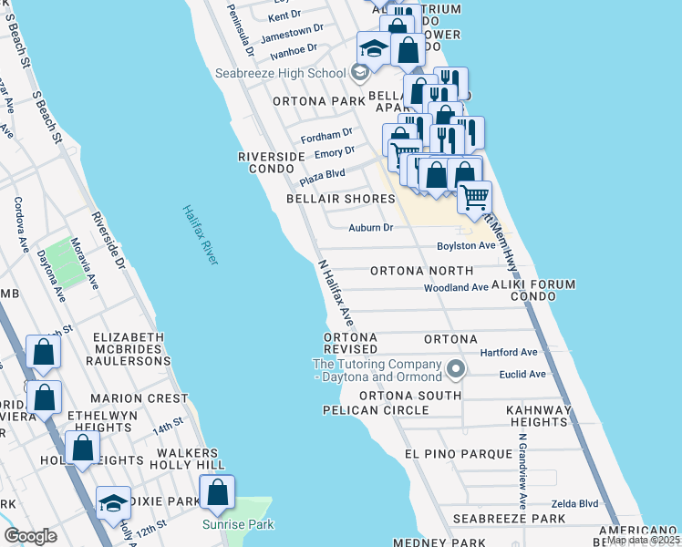 map of restaurants, bars, coffee shops, grocery stores, and more near 214 Williams Avenue in Daytona Beach