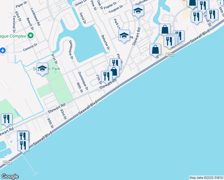 map of restaurants, bars, coffee shops, grocery stores, and more near 7600 Seawall Boulevard in Galveston