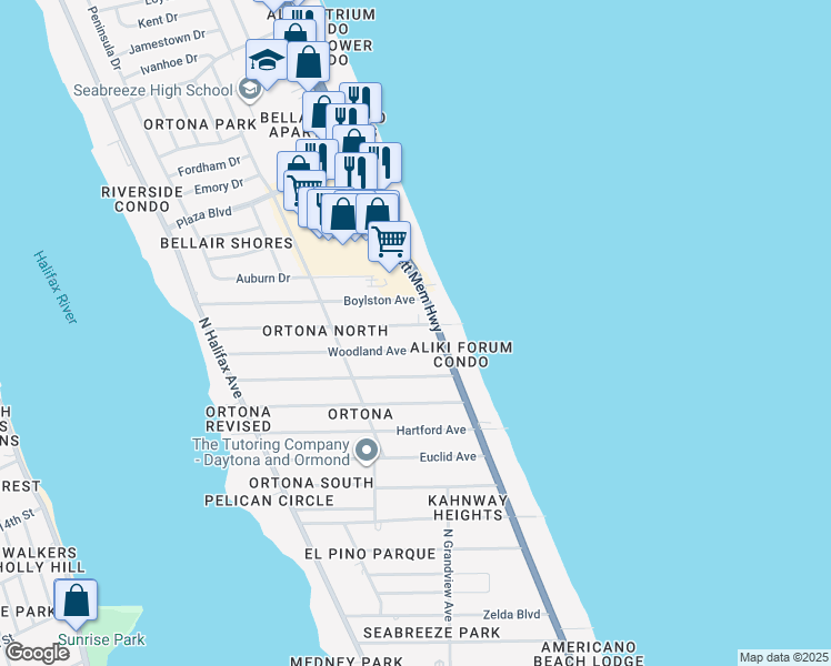 map of restaurants, bars, coffee shops, grocery stores, and more near 376 Williams Avenue in Daytona Beach