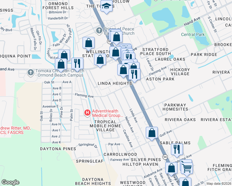 map of restaurants, bars, coffee shops, grocery stores, and more near 1968 Linda Avenue in Ormond Beach