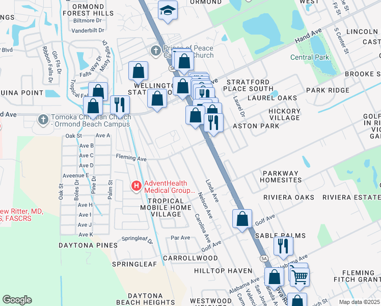 map of restaurants, bars, coffee shops, grocery stores, and more near 1968 Linda Avenue in Ormond Beach