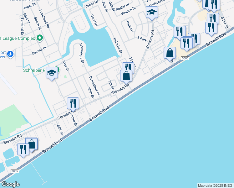 map of restaurants, bars, coffee shops, grocery stores, and more near 7627 Stewart Road in Galveston