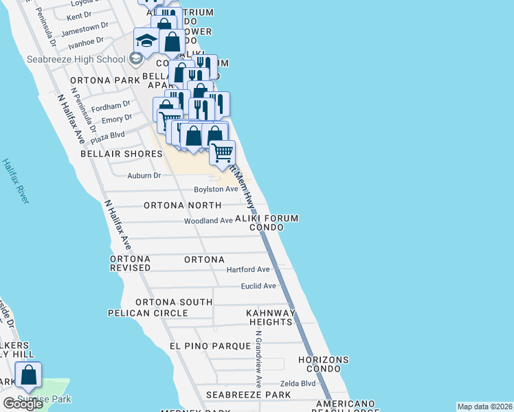 map of restaurants, bars, coffee shops, grocery stores, and more near 2214 North Atlantic Avenue in Daytona Beach