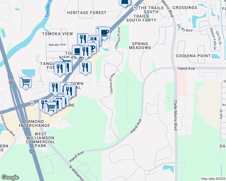 map of restaurants, bars, coffee shops, grocery stores, and more near 349 Chelsea Place Avenue in Ormond Beach