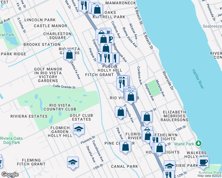 map of restaurants, bars, coffee shops, grocery stores, and more near 1707 State Avenue in Holly Hill