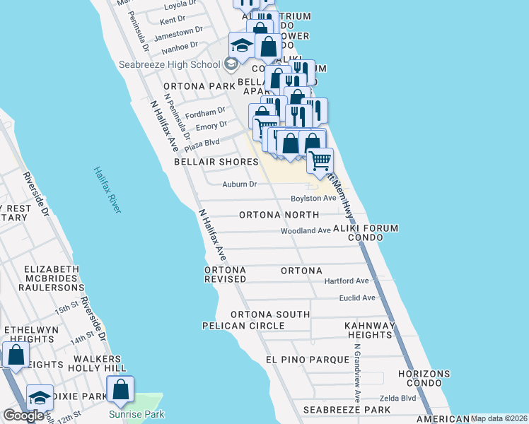 map of restaurants, bars, coffee shops, grocery stores, and more near 290 Williams Avenue in Daytona Beach