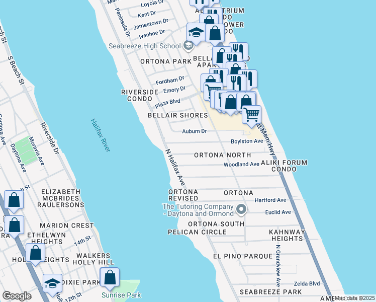 map of restaurants, bars, coffee shops, grocery stores, and more near 214 Williams Avenue in Daytona Beach